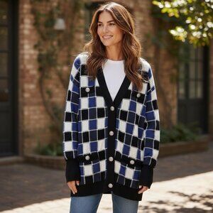 BOSS Fiabetta Checker Cardigan Midnight Fantasy Medium Old Money Academia Preppy